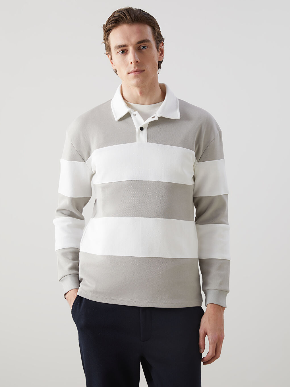 LCW Vision Ekru Polo Yaka Uzun Kollu Çizgili Erkek Sweatshirt