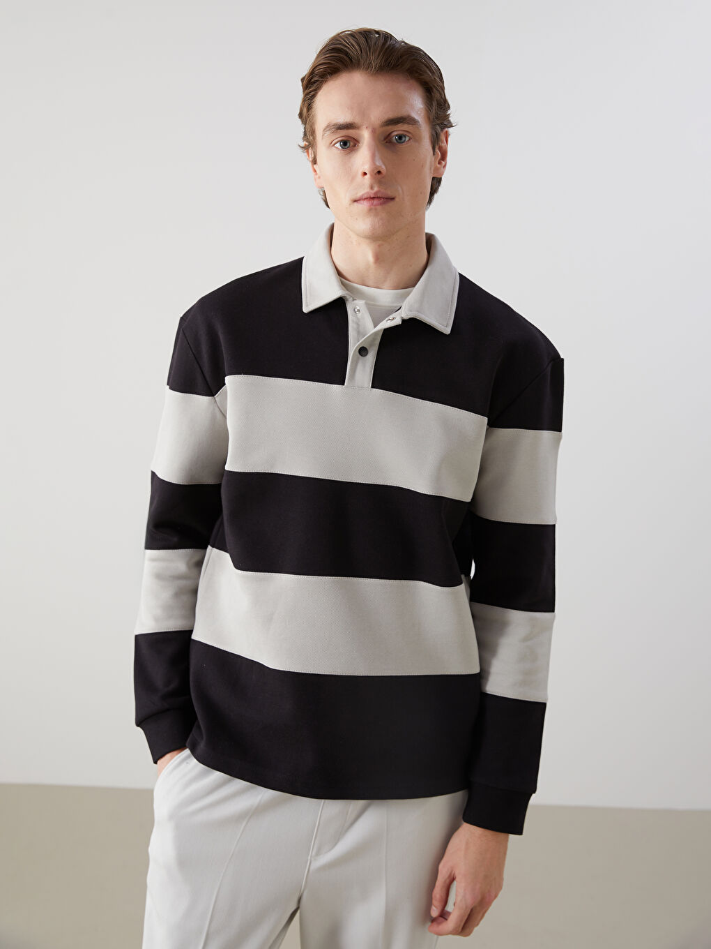 Polo Neck Long Sleeve Striped Men's Sweatshirt -S5MG48Z8-LGS