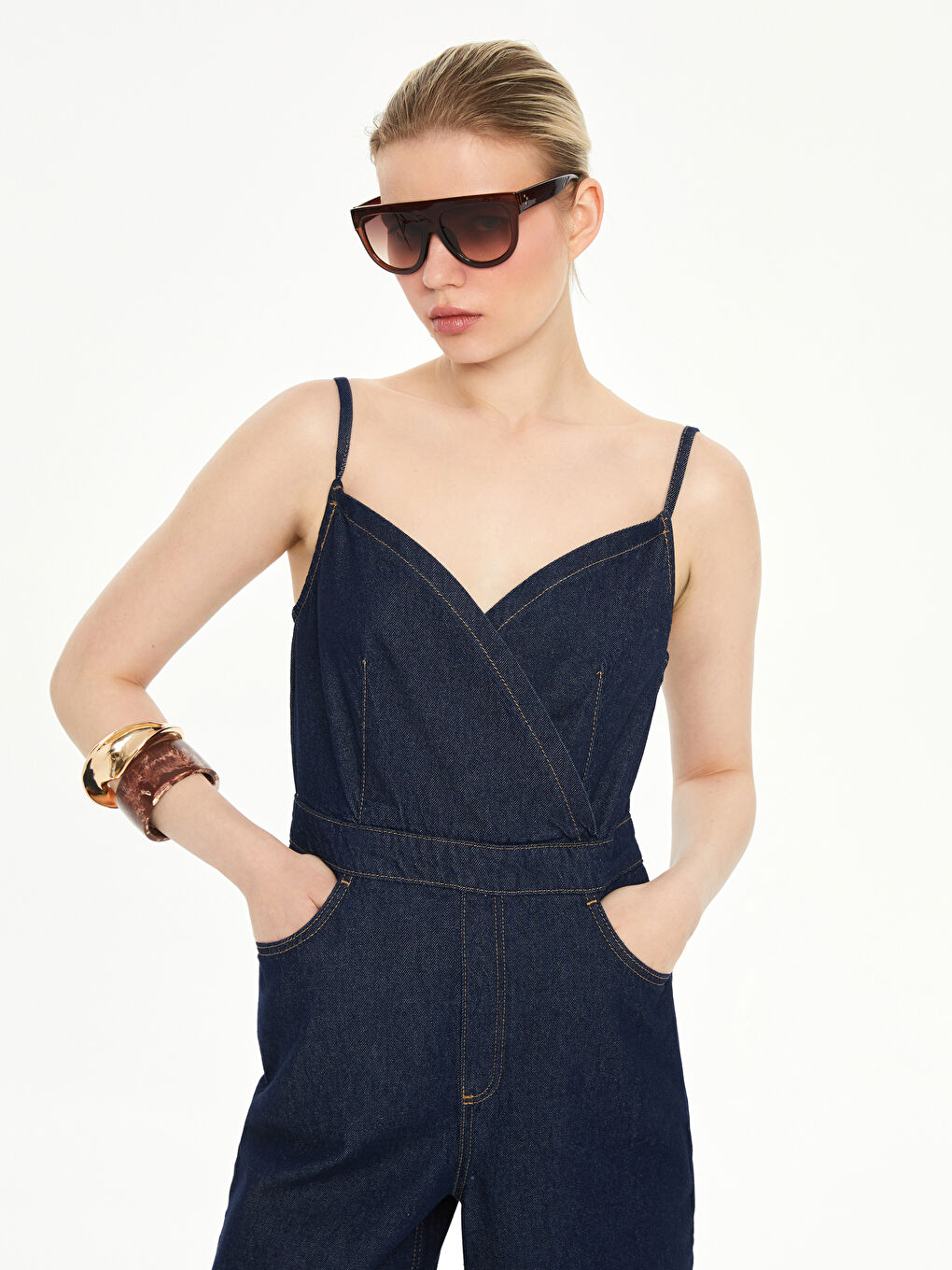 LCW Vision Indigo Kruvaze Yaka Askılı Kadın Jean Tulum - 1