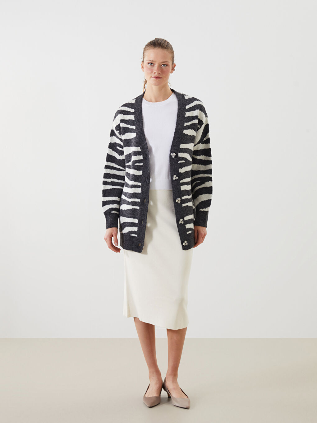 V-Neck Zebra Patterned Women’S Knit Cardigan -S5MG59Z8-MHS