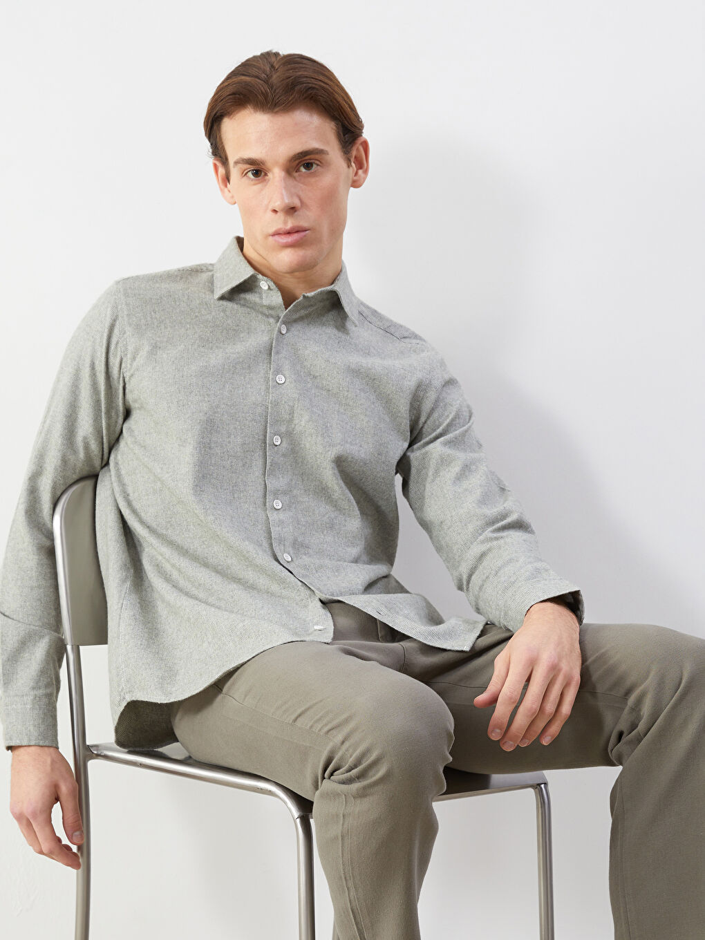 Yeşil Regular Fit Uzun Kollu Armürlü Erkek Gömlek