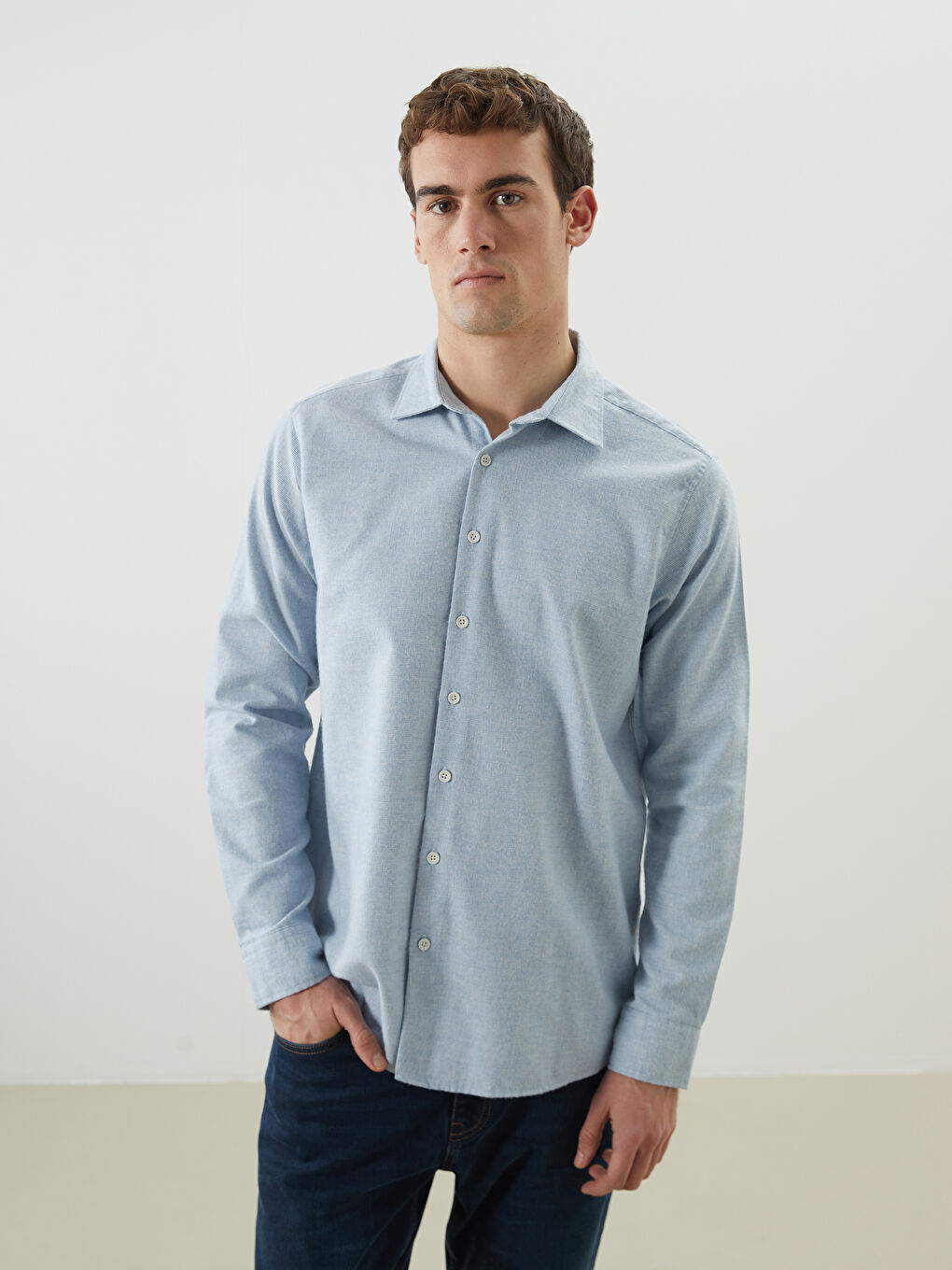 Mavi Regular Fit Uzun Kollu Armürlü Erkek Gömlek