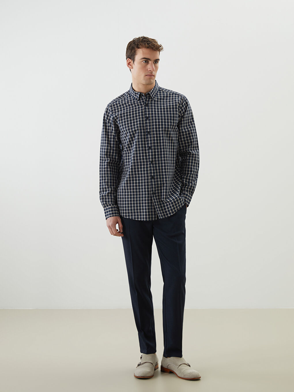 Regular Fit Long Sleeve Plaid Gabardine Men's Shirt -S5MH48Z8-LN6