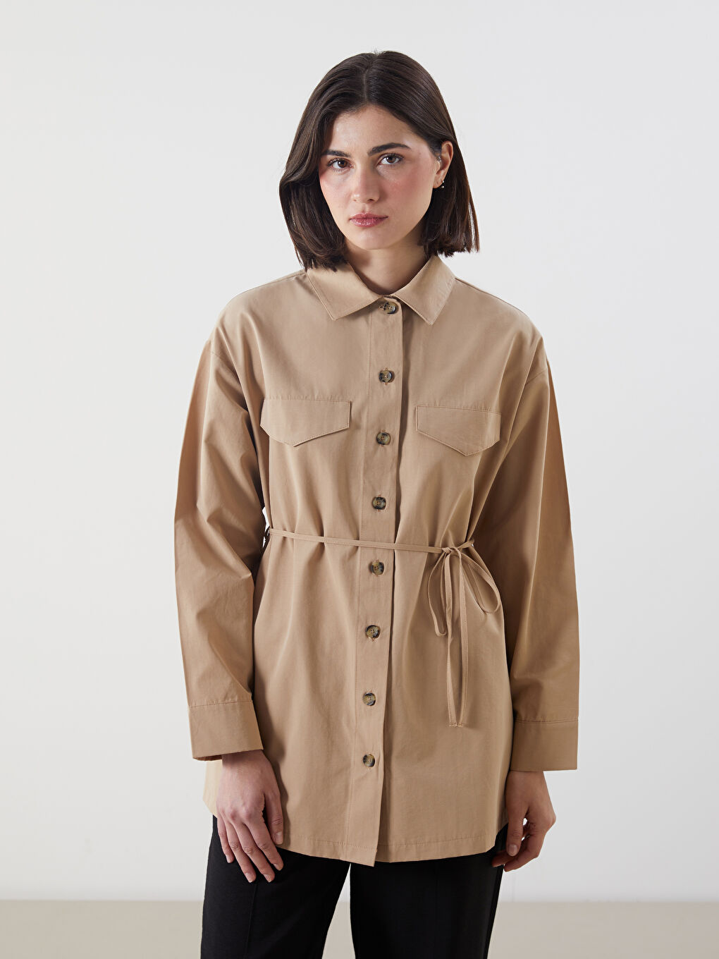 LCW Modest Bej Poplin Kadın Gömlek Tunik
