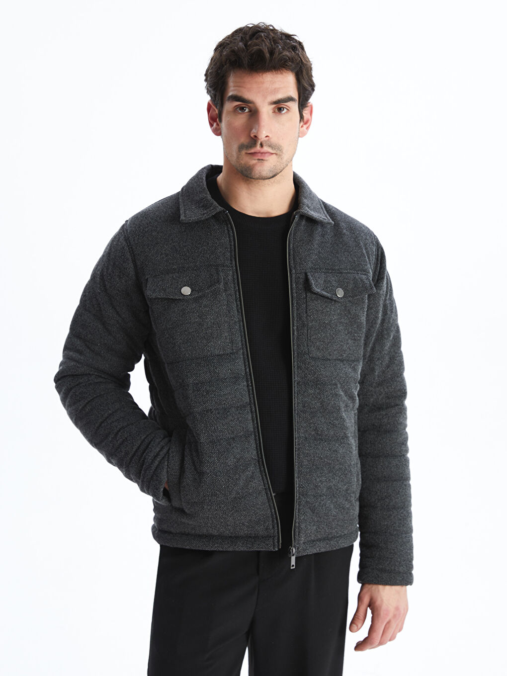 Antrasit Slim Fit Gömlek Yaka Erkek Mont