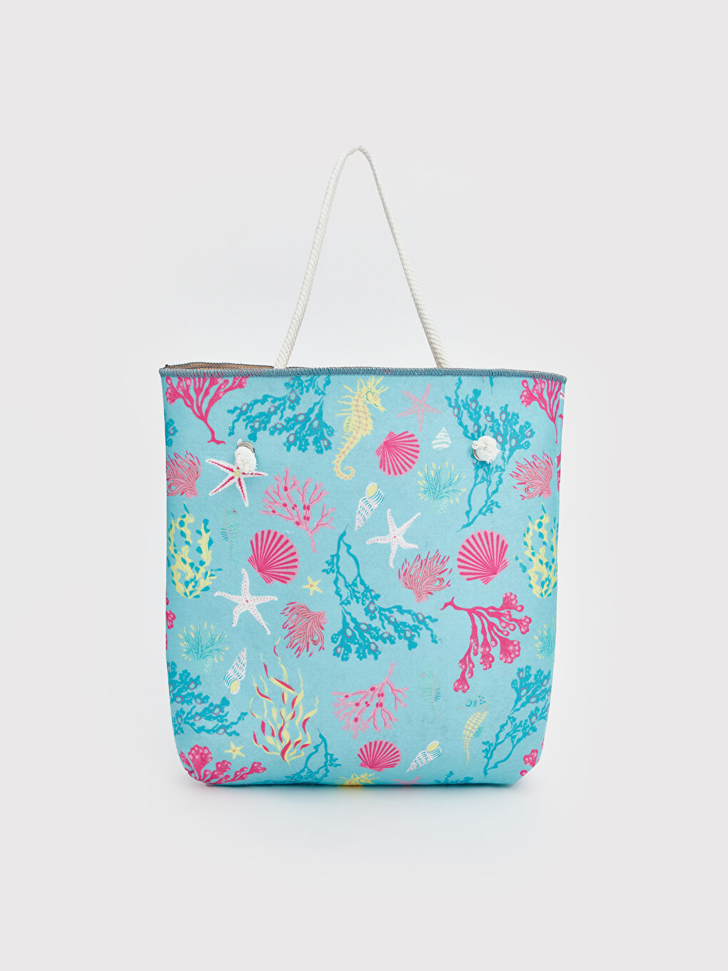 Mavi Baskılı Hasır İpli Kadın Plaj Çantası