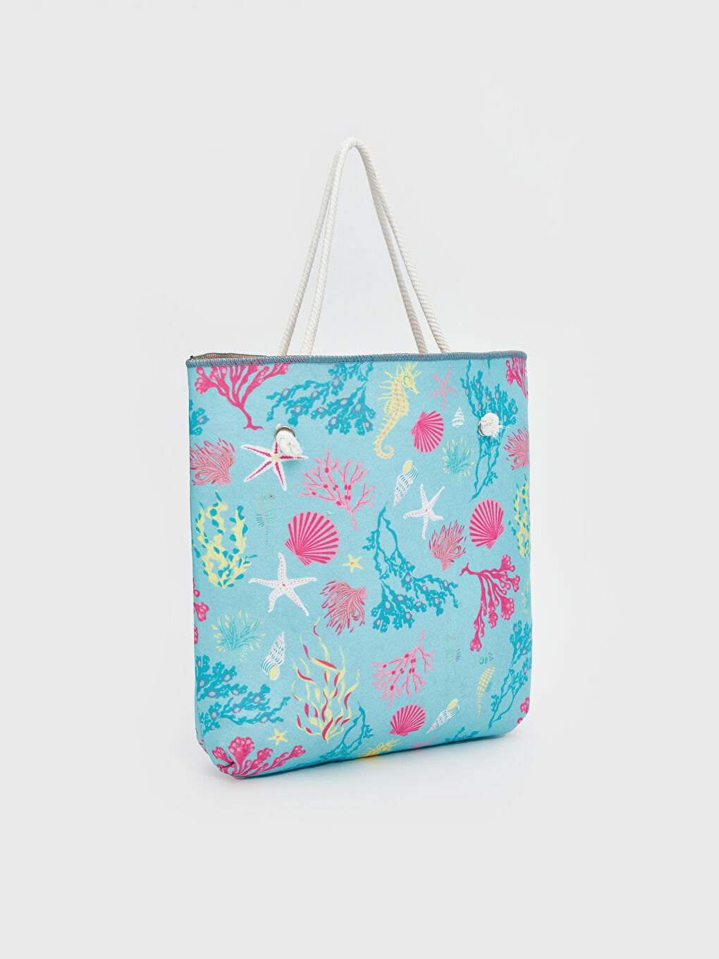 Mavi Baskılı Hasır İpli Kadın Plaj Çantası-1