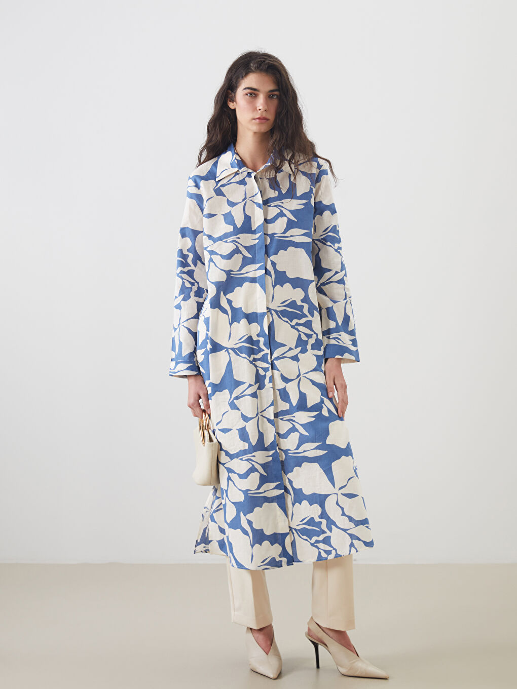 Mavi Çiçekli Kadın Gömlek Tunik