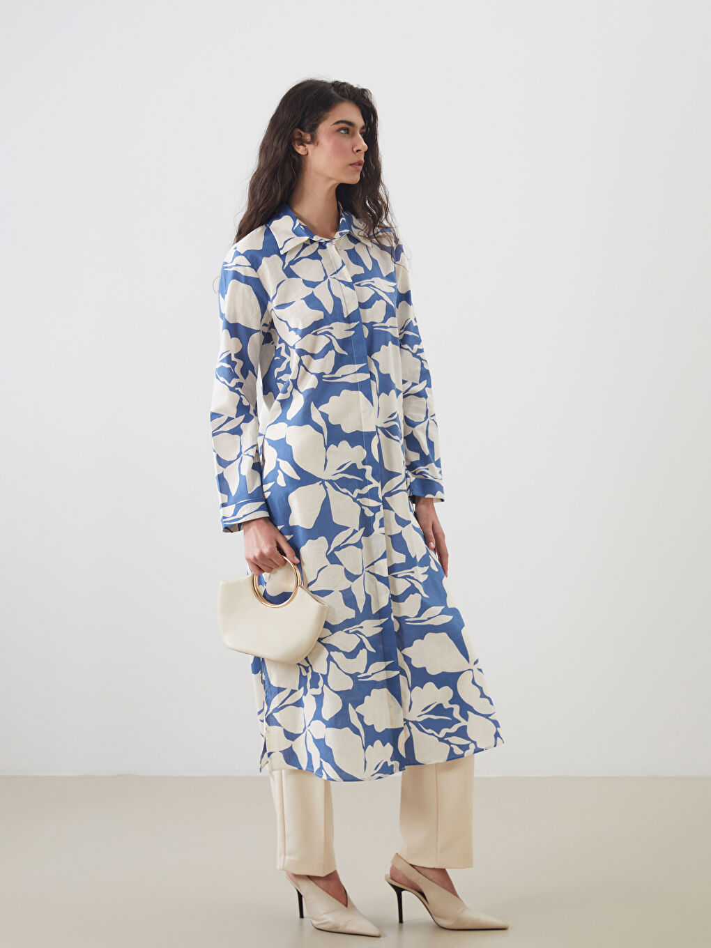 Mavi Çiçekli Kadın Gömlek Tunik-1