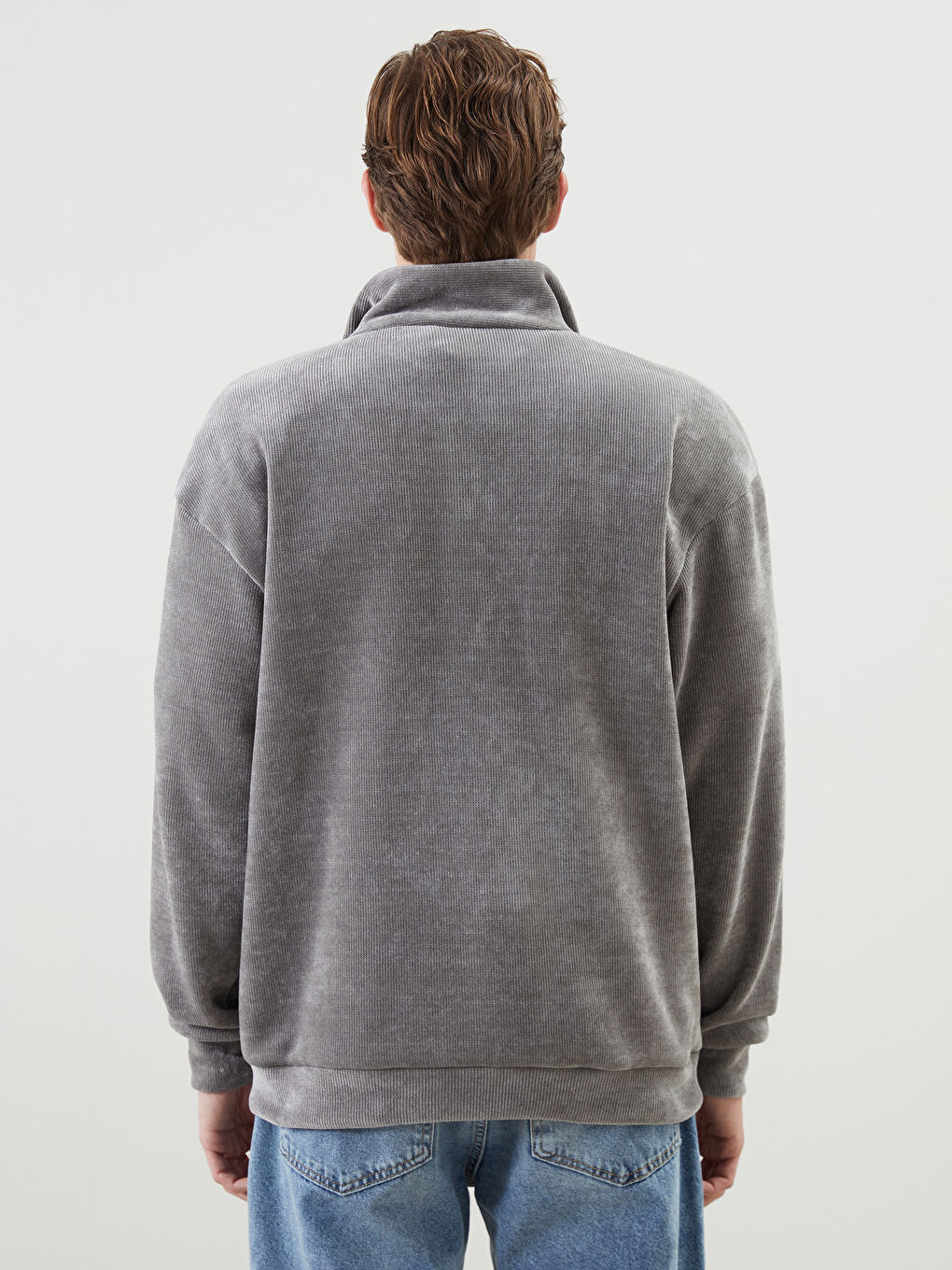 Gri Dik Yaka Erkek Sweatshirt-3