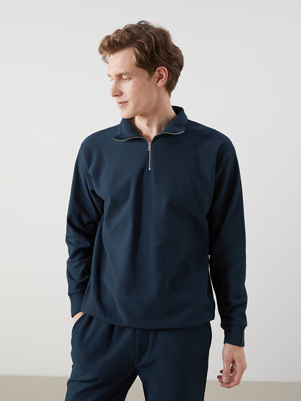 Petrol Dik Yaka Erkek Sweatshirt