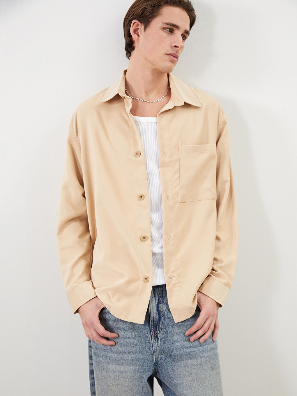 Bej Rahat Kalıp Uzun Kollu Erkek Gömlek