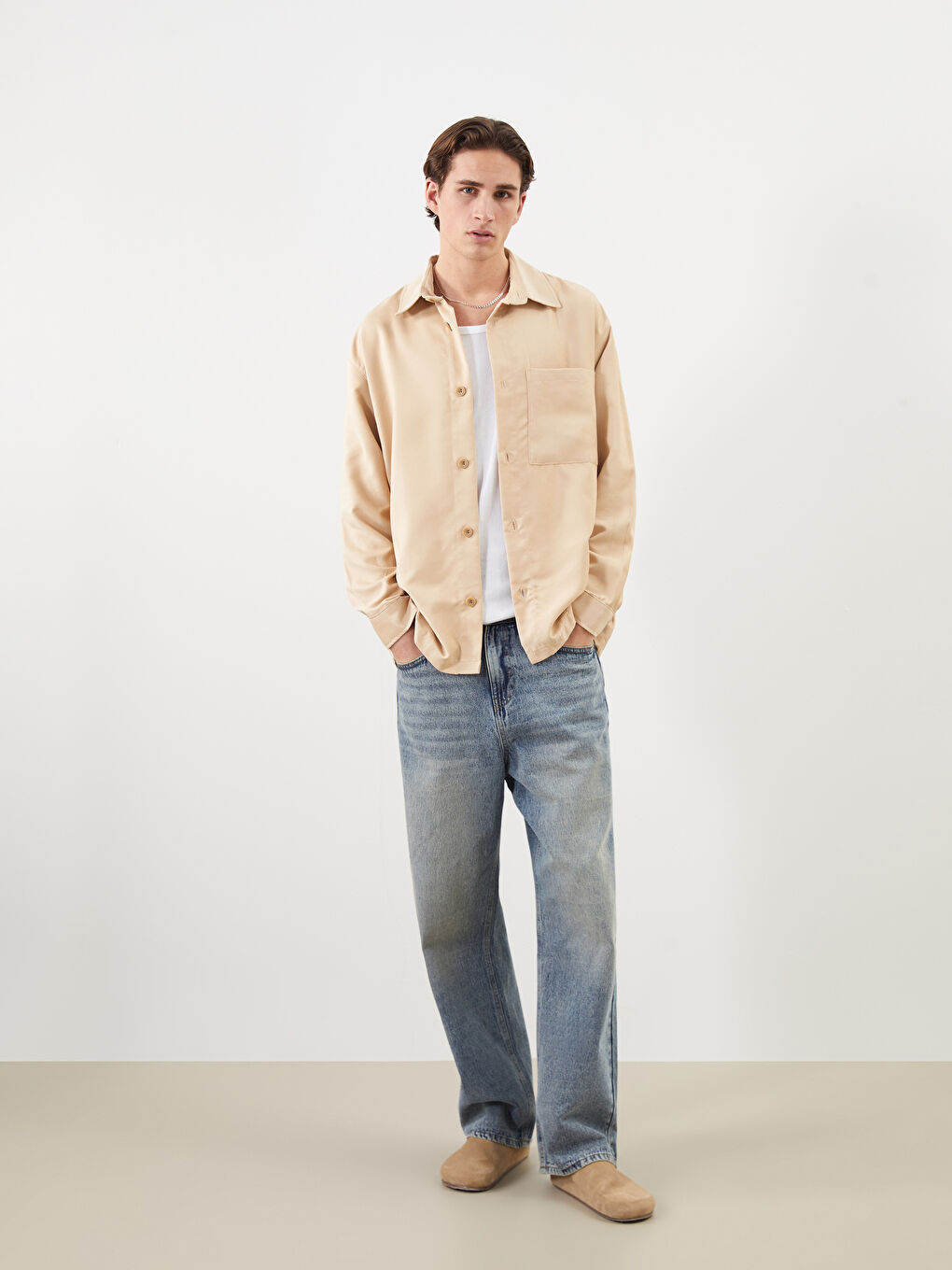 Bej Rahat Kalıp Uzun Kollu Erkek Gömlek-1