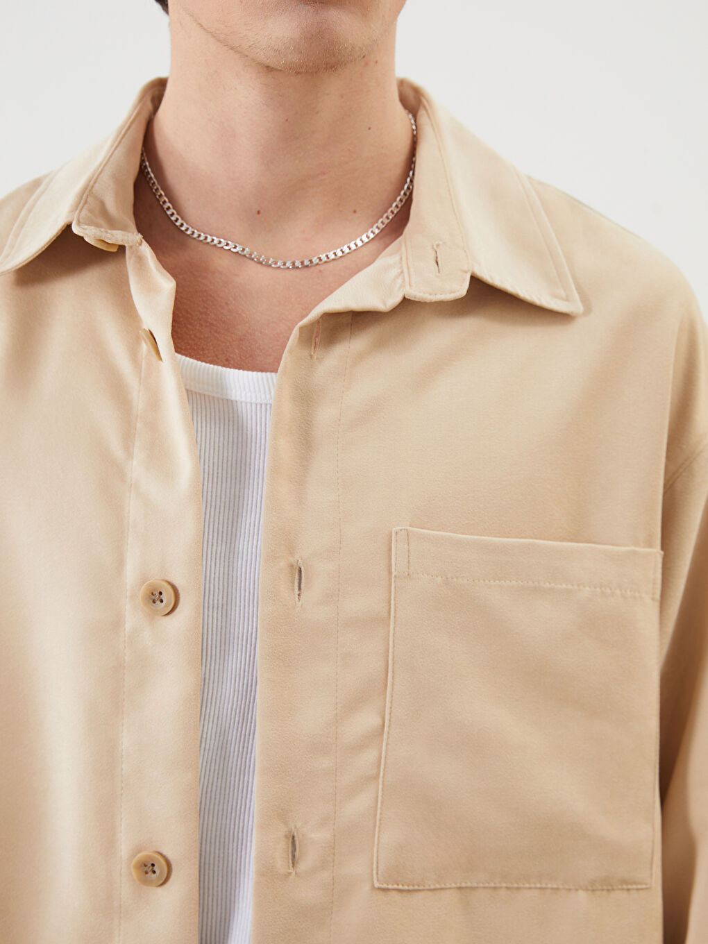 Bej Rahat Kalıp Uzun Kollu Erkek Gömlek-2