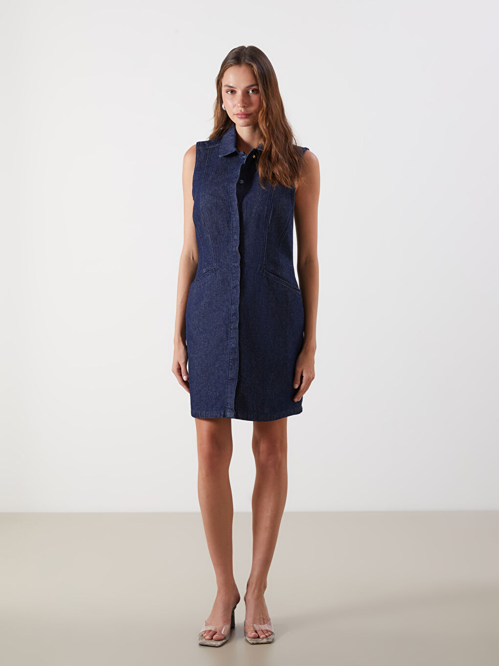 İndigo Gömlek Yaka Jean Elbise