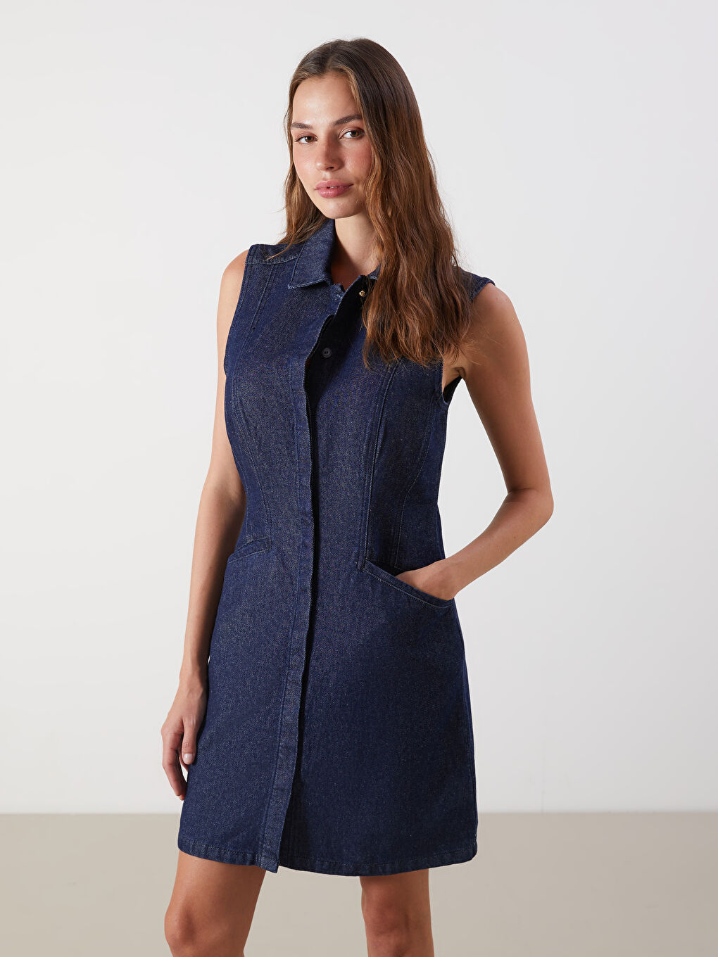 İndigo Gömlek Yaka Jean Elbise-1