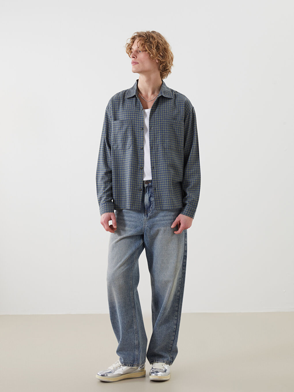 Haki Rahat Kalıp Uzun Kollu Ekose Erkek Gömlek-1