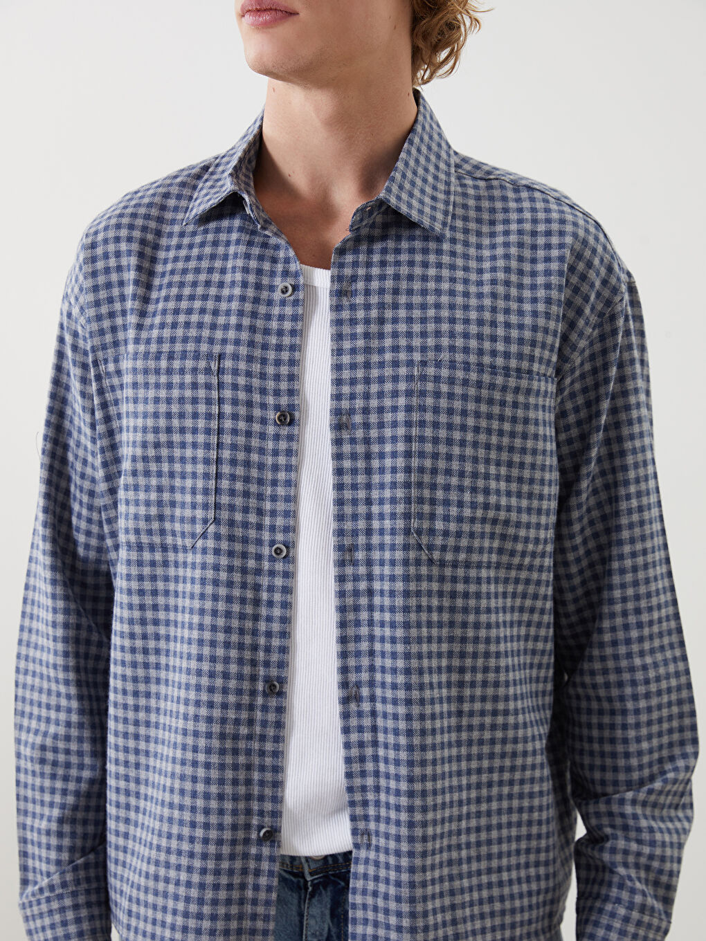 Lacivert Rahat Kalıp Uzun Kollu Ekose Erkek Gömlek-2