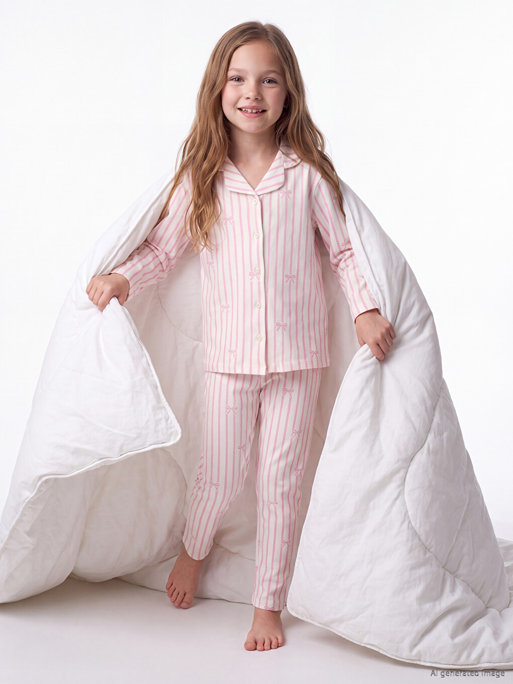 Ekru Kurdele Detaylı Kız Çocuk Pijama Takımı-1