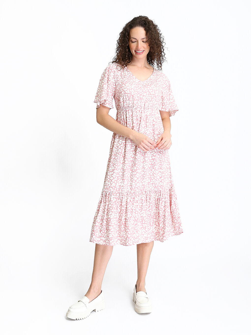 V-Neck Patterned Short Sleeve Women's Dress-1