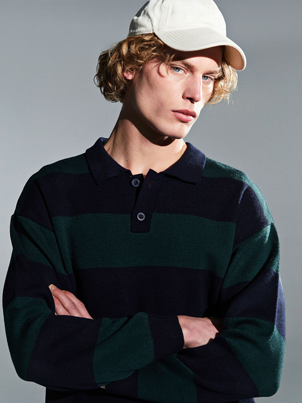 Polo Neck Long Sleeve Striped Men's Tricot Sweater -S5MK47Z8-HRZ