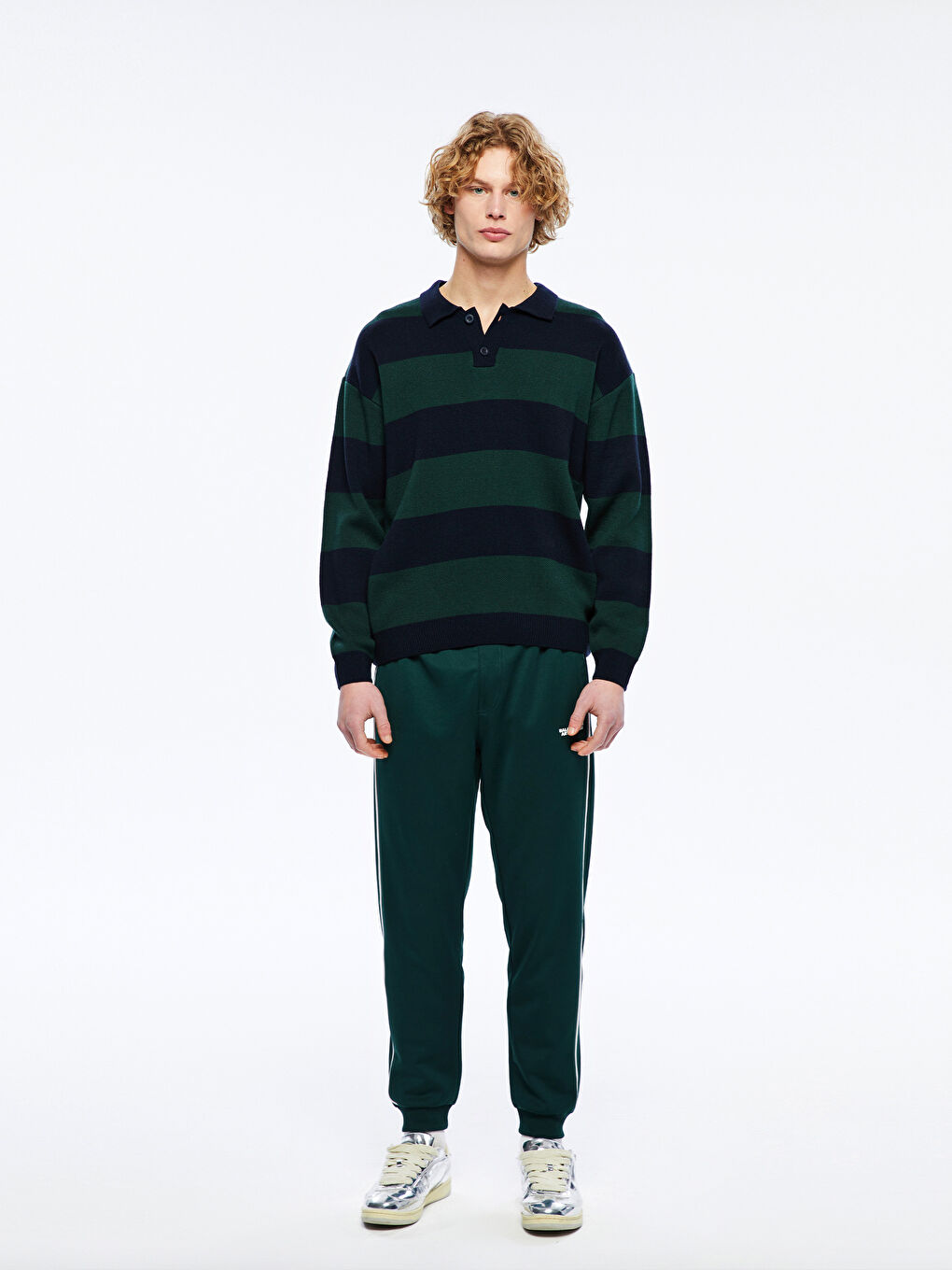 Polo Neck Long Sleeve Striped Men's Tricot Sweater -S5MK47Z8-HRZ