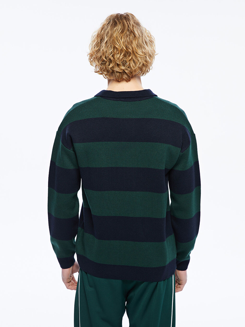 Polo Neck Long Sleeve Striped Men's Tricot Sweater -S5MK47Z8-HRZ