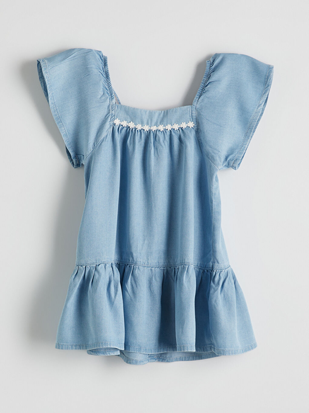 Mavi Çiçek Nakışlı Kız Çocuk Jean Elbise-2