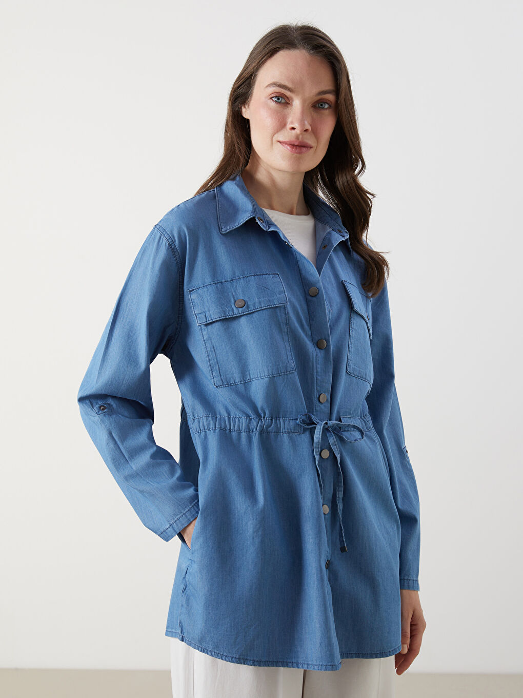 Collared Neck Women's Denim Tunic -S5ML28Z8-563