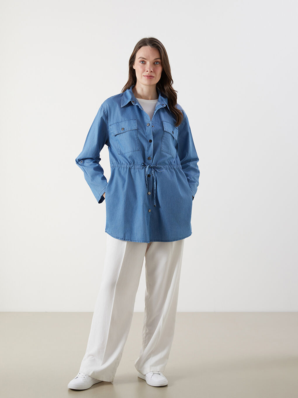 Collared Neck Women's Denim Tunic -S5ML28Z8-563