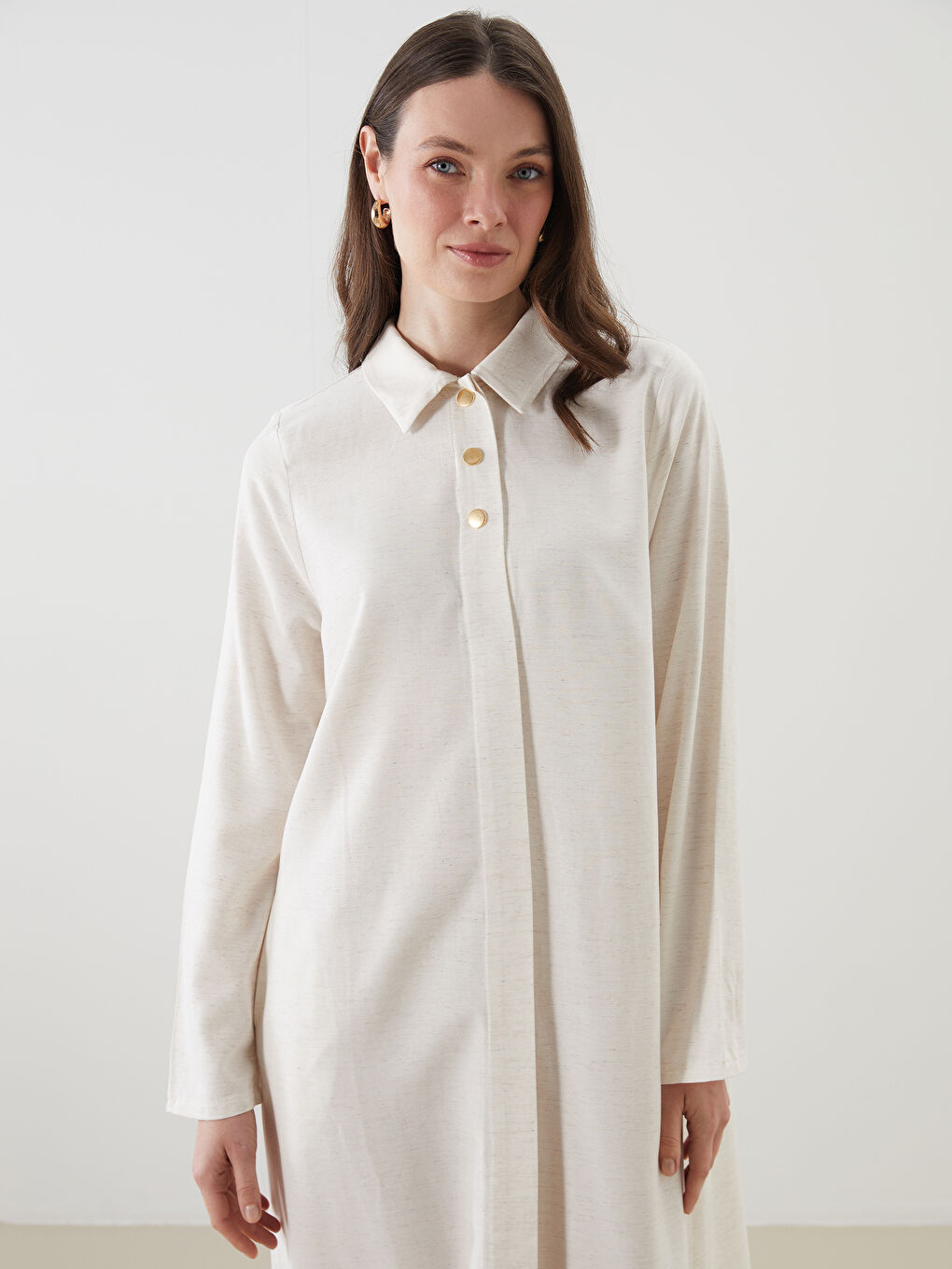 Bej Gömlek Yaka Keten Karışımlı Elbise-1
