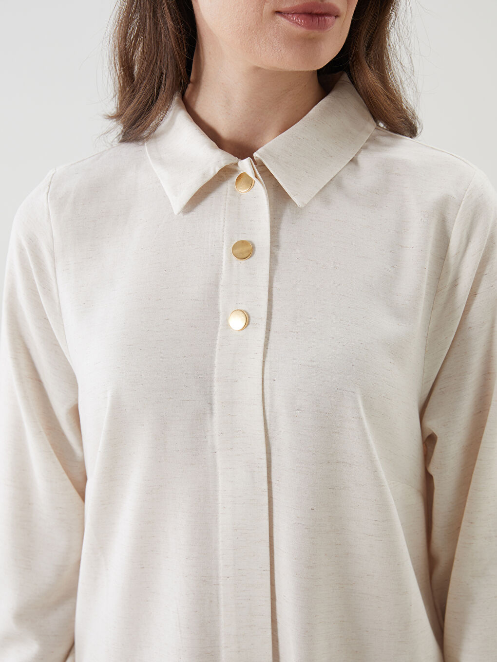 Bej Gömlek Yaka Keten Karışımlı Elbise-2