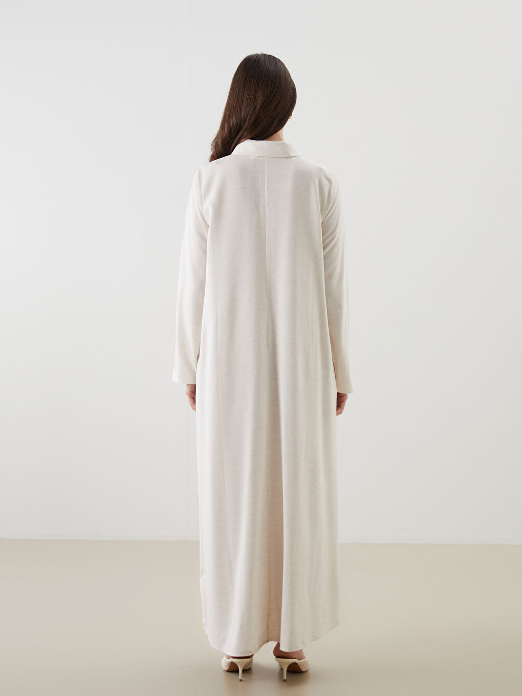 Bej Gömlek Yaka Keten Karışımlı Elbise-3