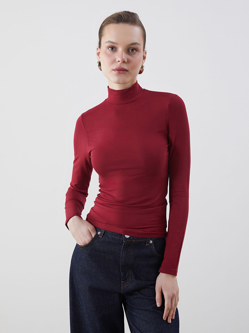 LCWAIKIKI Classic Bordo Dik Yaka Kadın Body