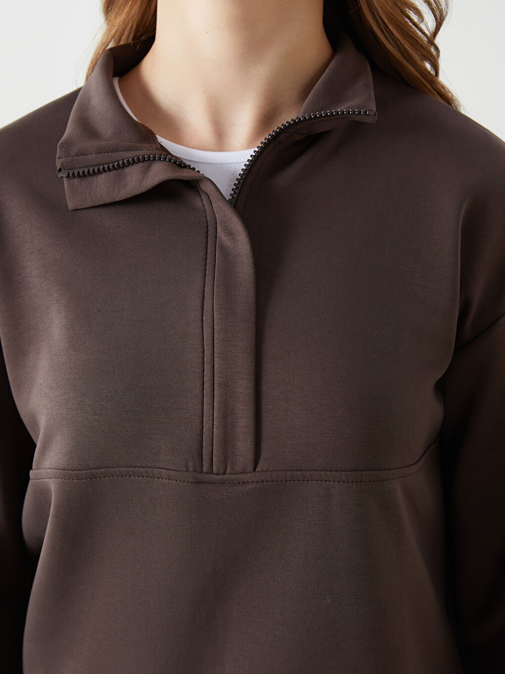 Kahverengi Dik Yaka Kadın Sweatshirt-2