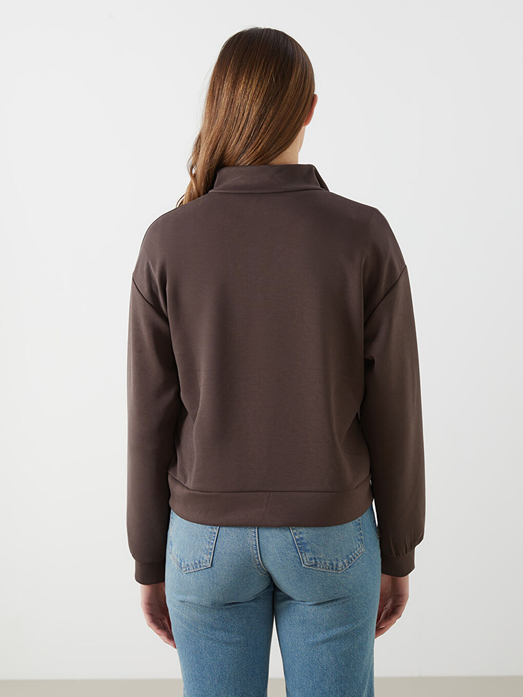 Kahverengi Dik Yaka Kadın Sweatshirt-3