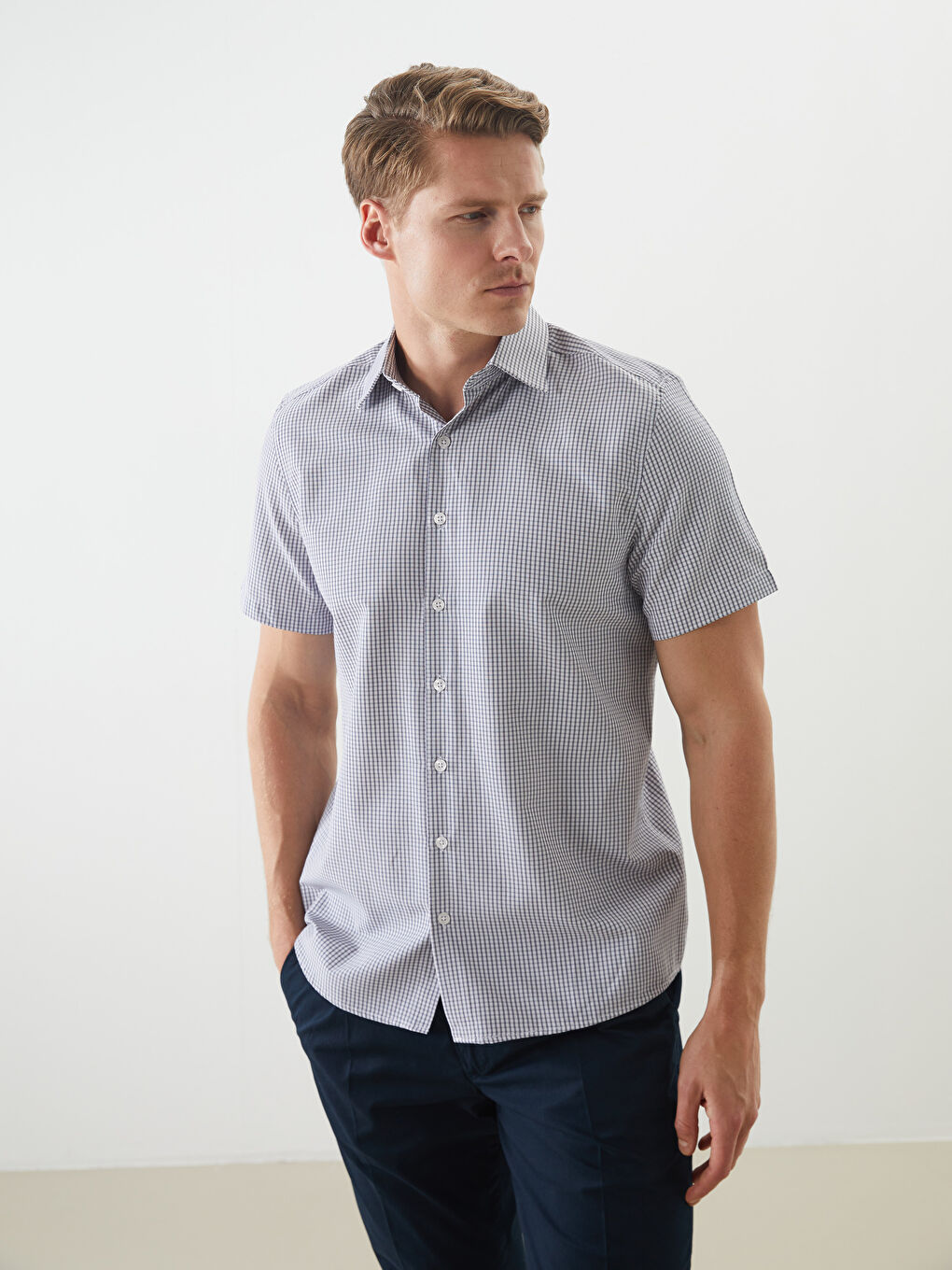 Regular Fit Short Sleeve Plaid Poplin Men's Shirt -S5MM89Z8-LMK