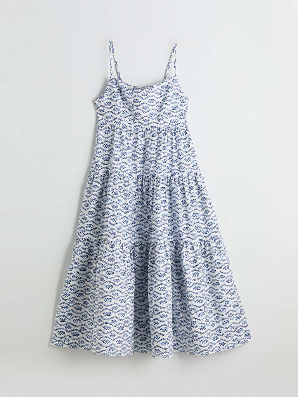 Mavi Kalp Yaka Çiçekli İp Askılı Poplin Elbise	-2