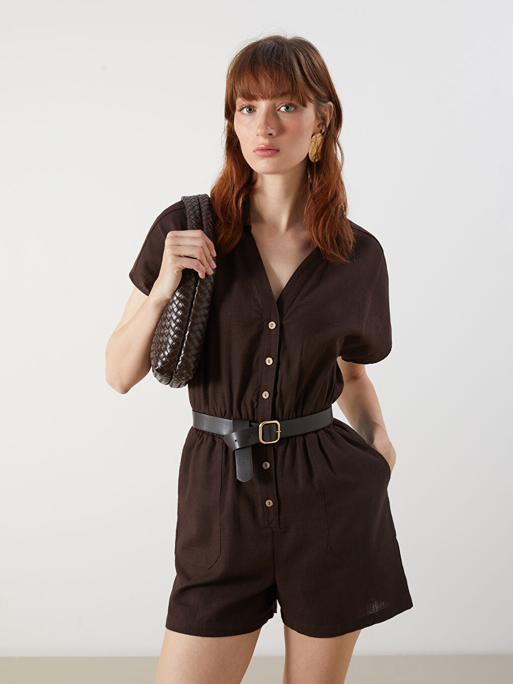 Kahverengi Gömlek Yaka Keten Görünümlü Kadın Tulum-1