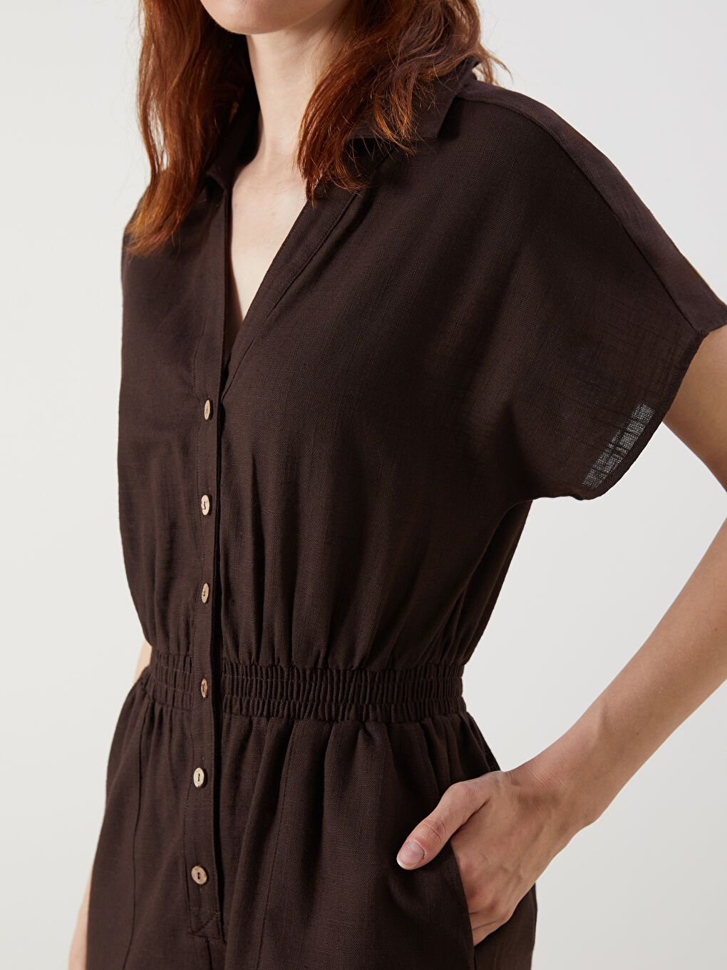 Kahverengi Gömlek Yaka Keten Görünümlü Kadın Tulum-2