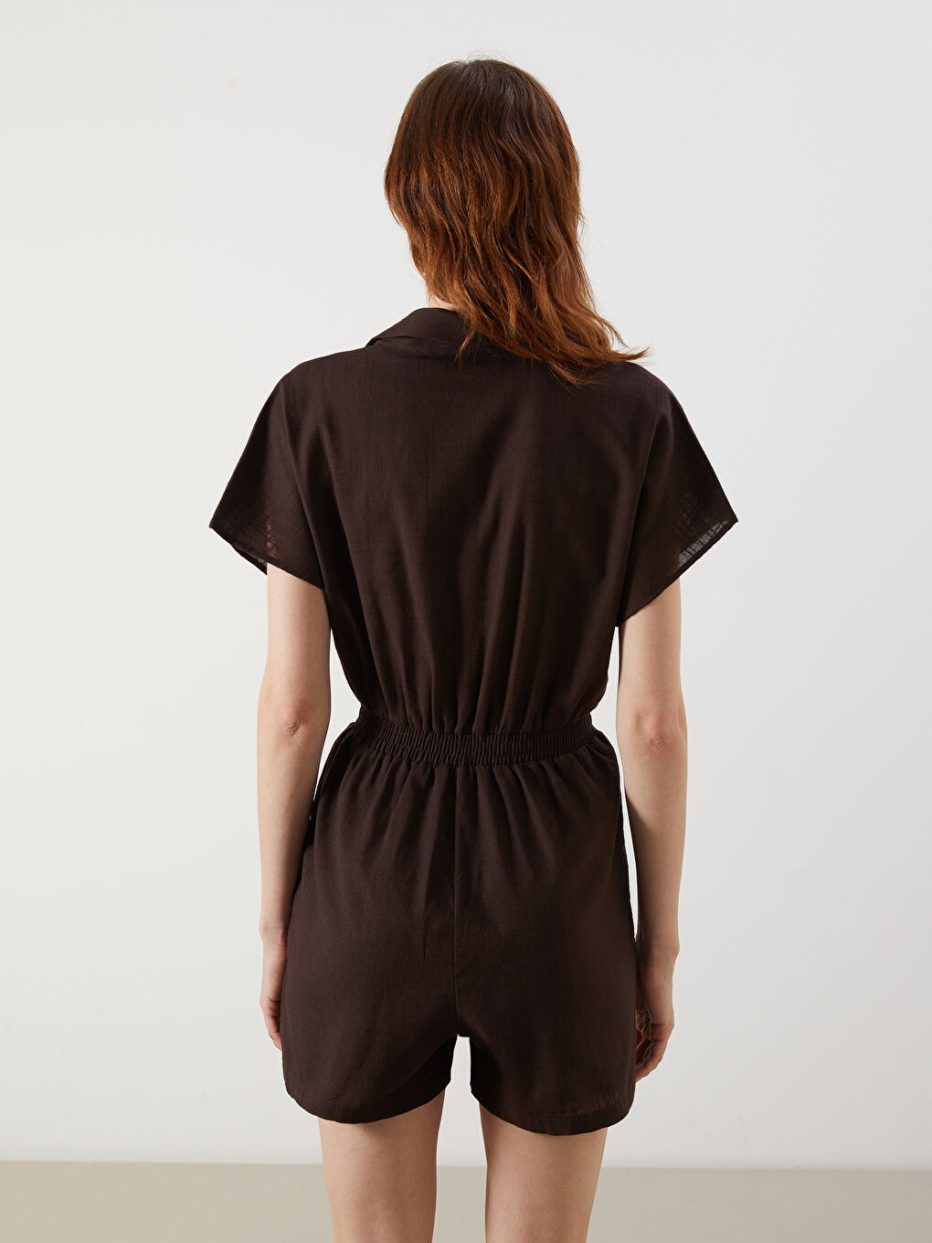 Kahverengi Gömlek Yaka Keten Görünümlü Kadın Tulum-3
