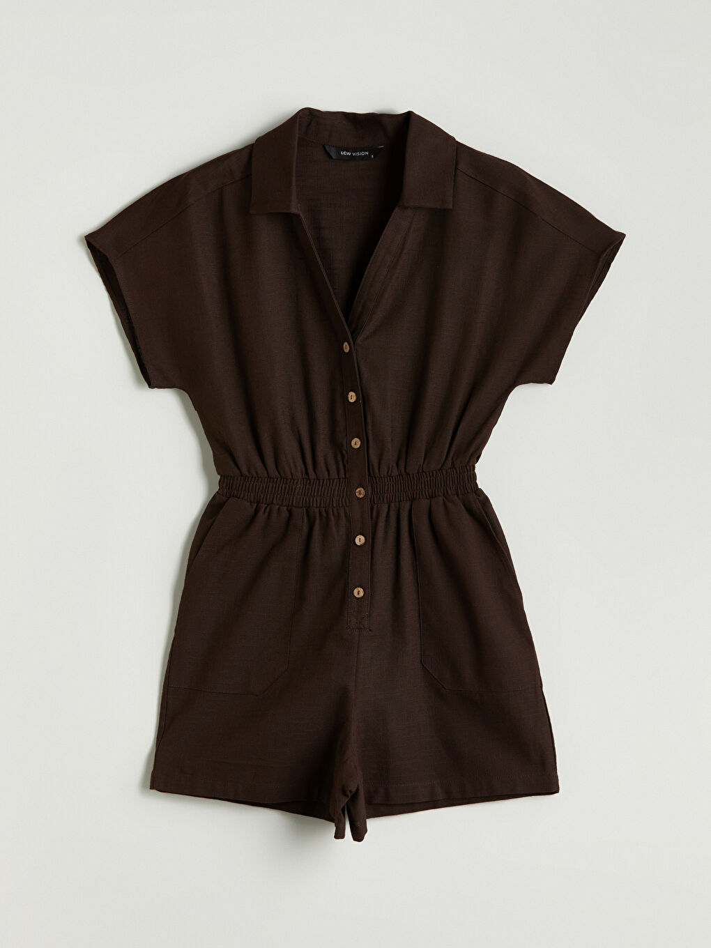 Kahverengi Gömlek Yaka Keten Görünümlü Kadın Tulum-4