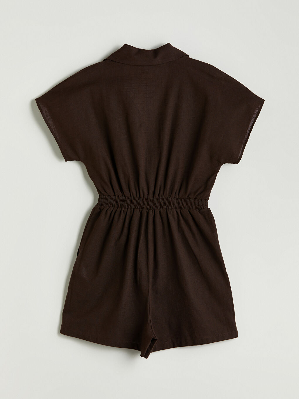 Kahverengi Gömlek Yaka Keten Görünümlü Kadın Tulum-5