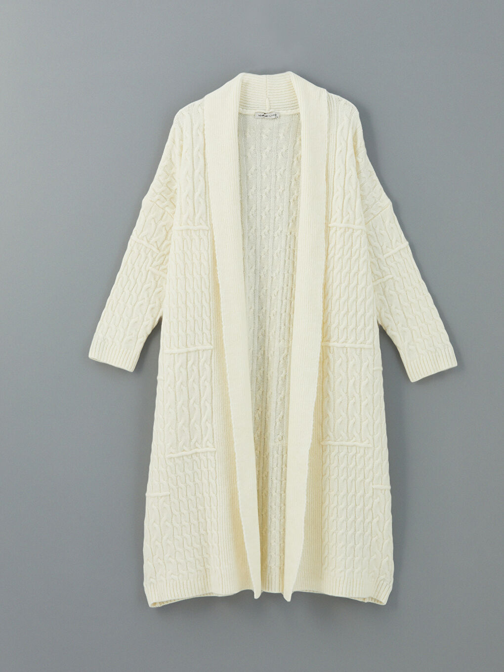 Ekru Şal Yaka Kendinden Desenli Oversize Kadın Triko Hırka-4