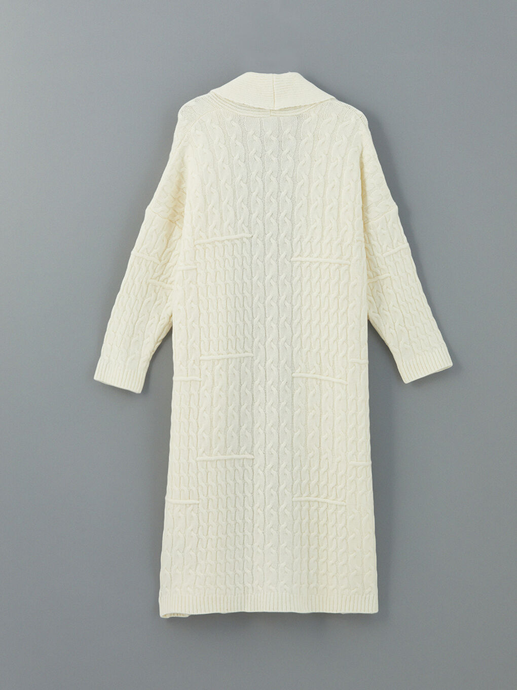 Ekru Şal Yaka Kendinden Desenli Oversize Kadın Triko Hırka-5