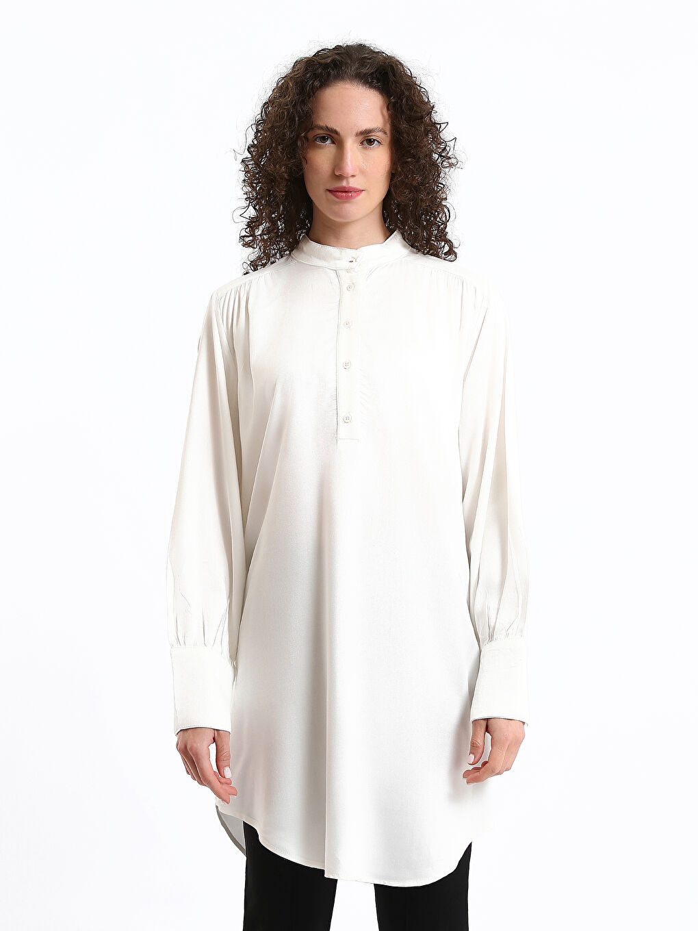 Funnel Neck Plain Long Sleeve Oversize Women's Tunic