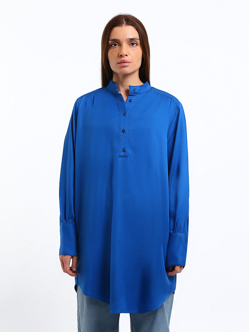 Funnel Neck Plain Long Sleeve Oversize Women's Tunic