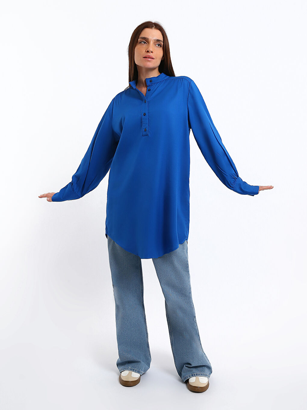 Funnel Neck Plain Long Sleeve Oversize Women's Tunic-1