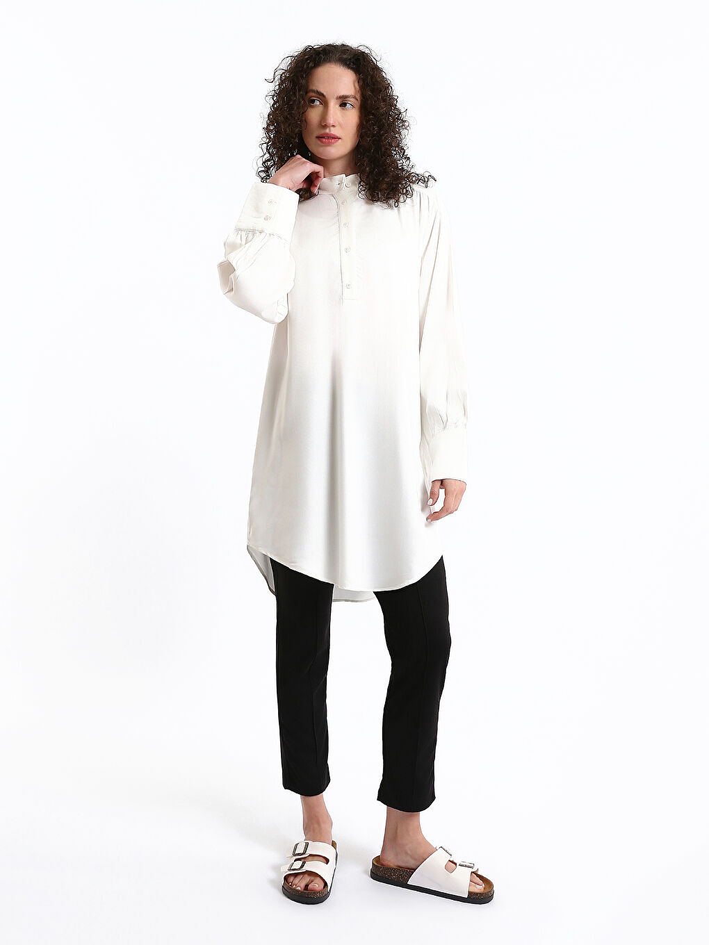 Funnel Neck Plain Long Sleeve Oversize Women's Tunic-1