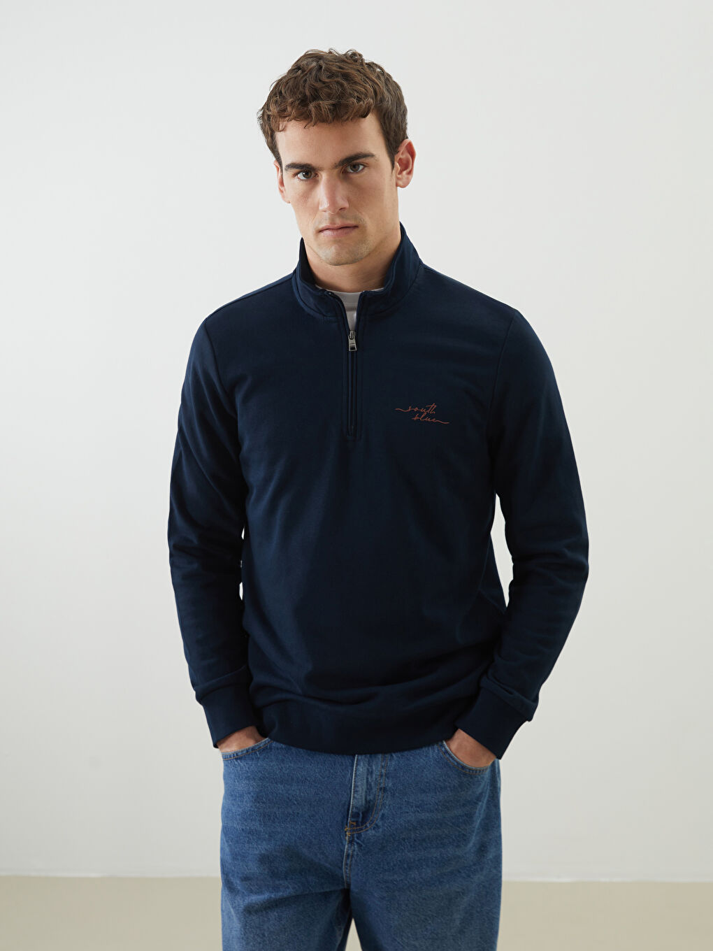 Lacivert Dik Yaka Erkek Sweatshirt